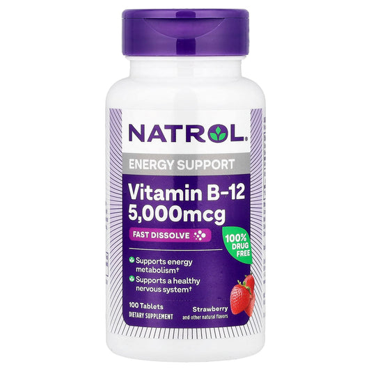 Natrol, Vitamin B-12, Fast Dissolve, Strawberry, 5,000 mcg, 100 Tablets - Image 1