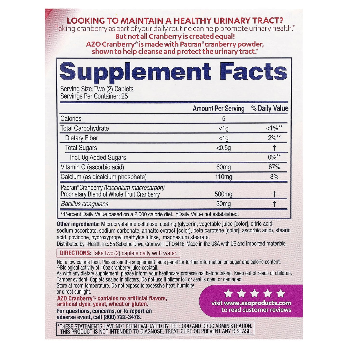 AZO Cranberry Urinary Tract Health Supplement, 50 Caplets - Image 2