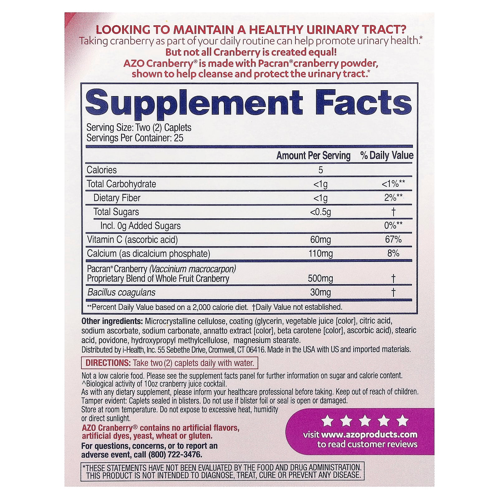 AZO Cranberry Urinary Tract Health Supplement, 50 Caplets - Image 2