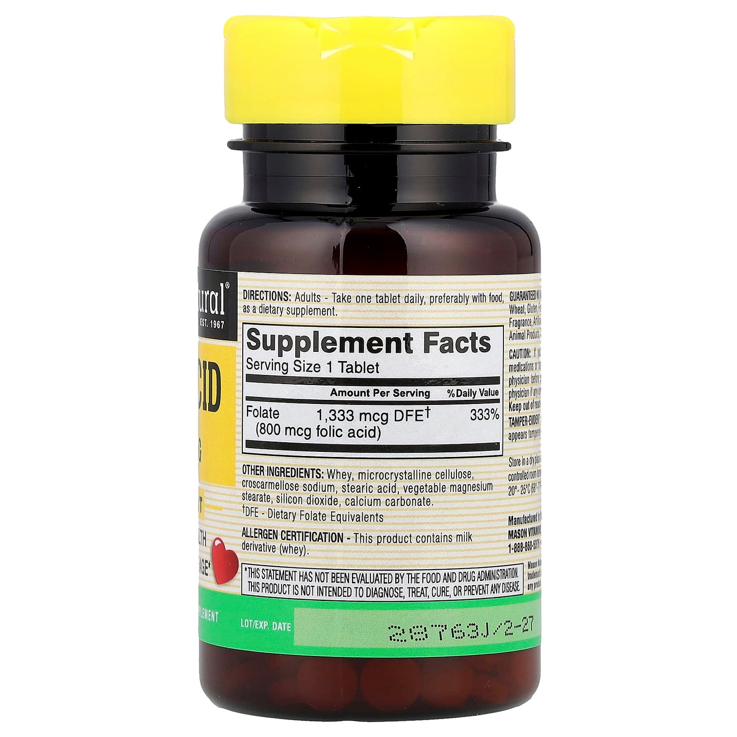 Mason Natural, Folic Acid, 800 mcg, 100 Tablets - Image 2