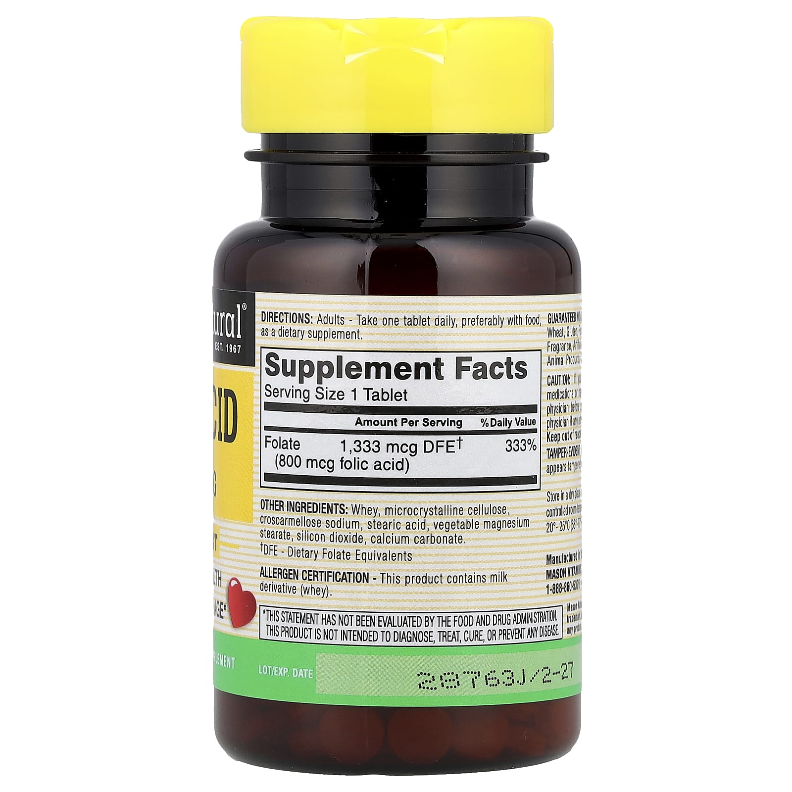 Mason Natural, Folic Acid, 800 mcg, 100 Tablets - Image 2
