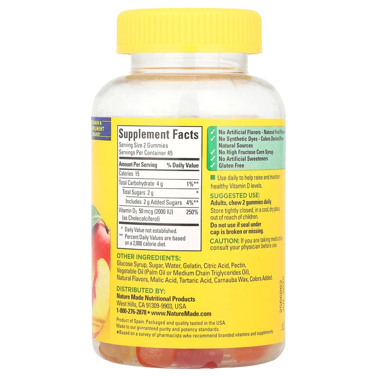 Nature Made, Vitamin D3 Gummies, Strawberry, Peach & Mango, 90 Gummies, (25 mcg (1,000 IU) per Gummy) - Image 2