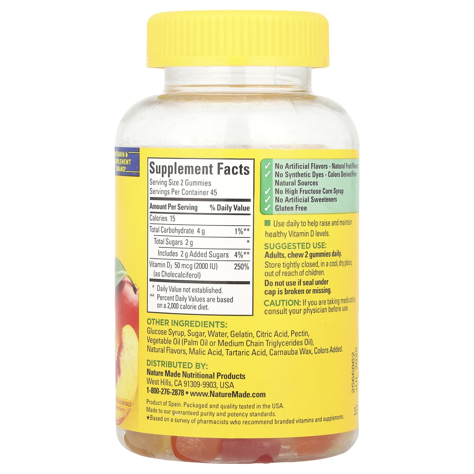 Nature Made, Vitamin D3 Gummies, Strawberry, Peach & Mango, 90 Gummies, (25 mcg (1,000 IU) per Gummy) - Image 2