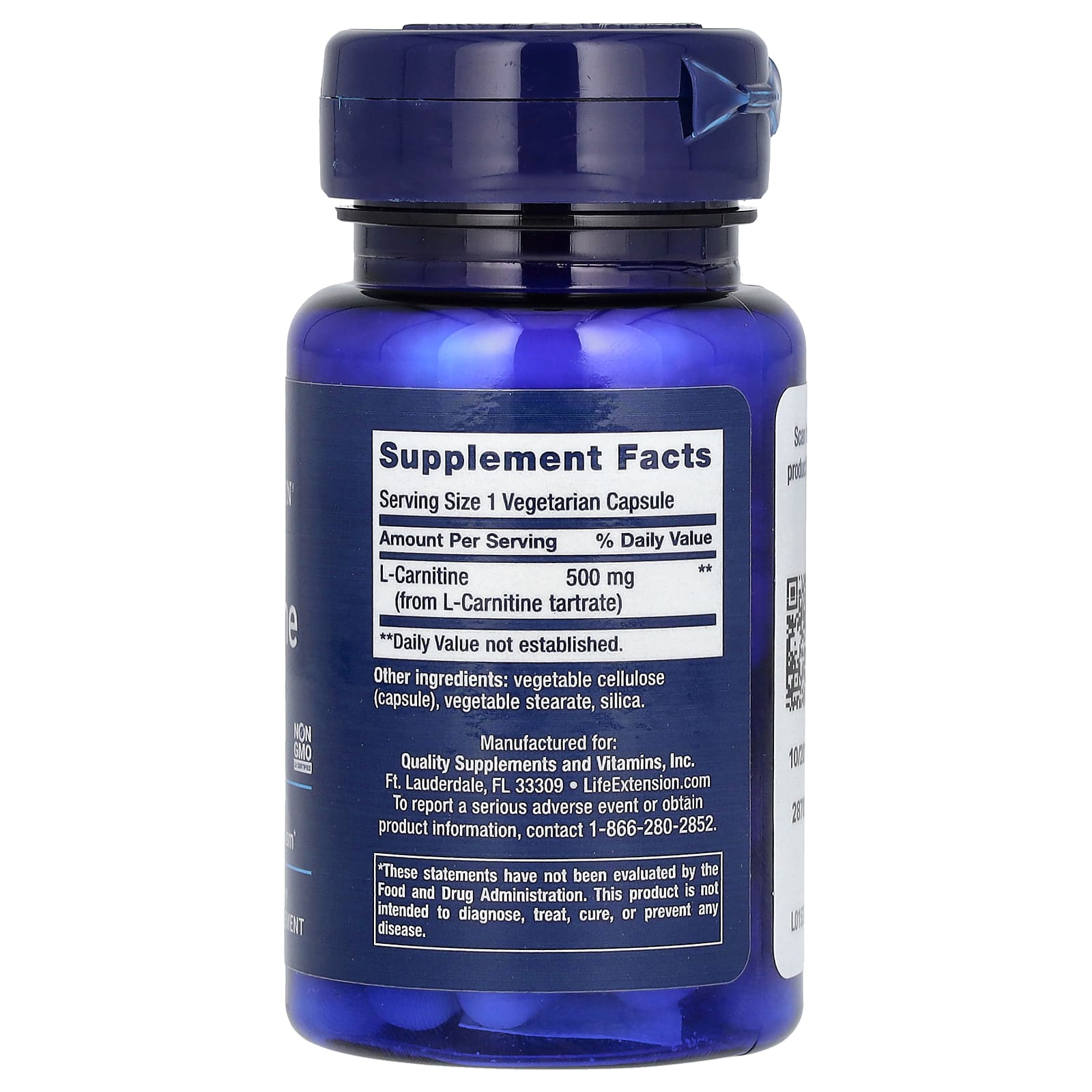 Life Extension, L-Carnitine, 500 mg, 30 Vegetarian Capsules - Image 2