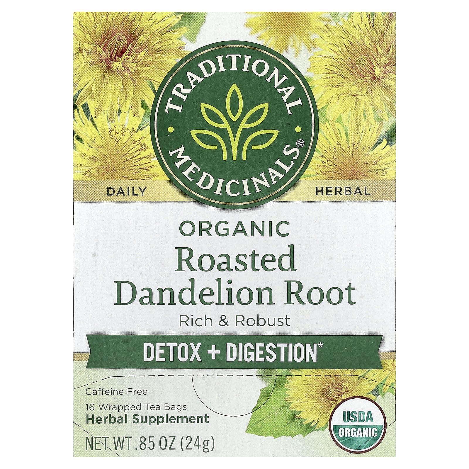 Traditional Medicinals, Organic Roasted Dandelion Root, Caffeine Free, 16 Wrapped Tea Bags, 0.85 oz (24 g) - Image 1