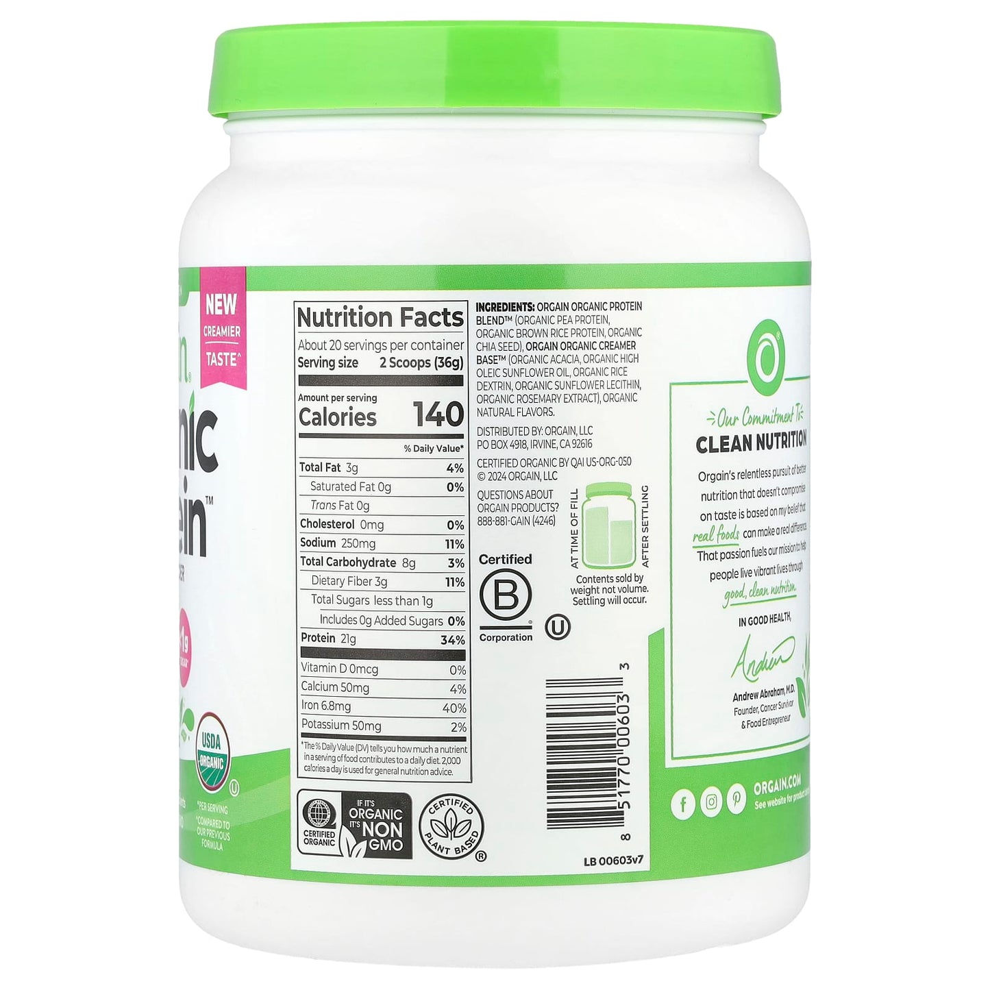 Orgain, Organic Protein Powder, Plant Based, Natural Unsweetened, 1.59 lb (720 g) - Image 2
