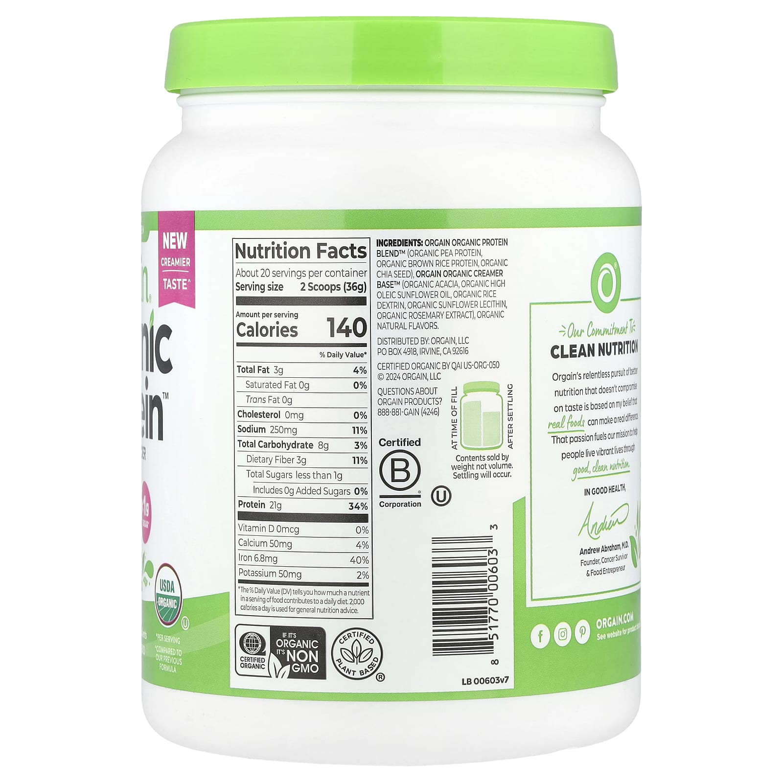 Orgain, Organic Protein Powder, Plant Based, Natural Unsweetened, 1.59 lb (720 g) - Image 2