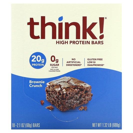 Think !, High Protein Bars, Brownie Crunch, 10 Bars, 2.1 oz (60 g) Each - Image 1