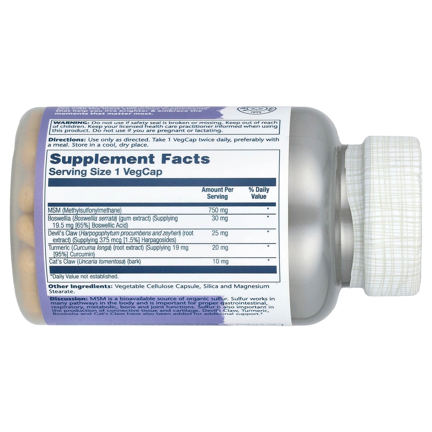 Solaray, MSM with Turmeric, Boswellia & Devil's Claw, 750 mg, 90 VegCaps - Image 2