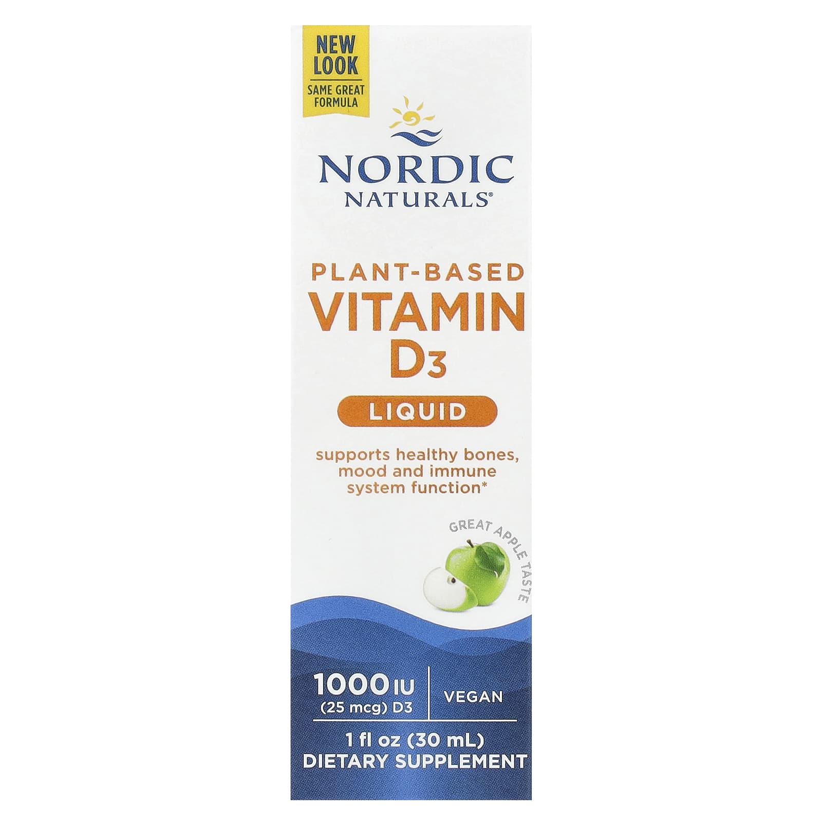 Nordic Naturals, Plant-Based Vitamin D3 Liquid, Great Apple, 25 mcg (1,000 IU), 1 fl oz (30 ml) - Image 1