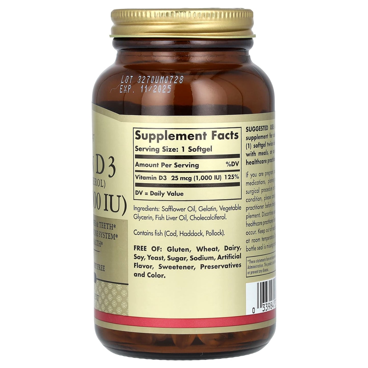 Solgar, Vitamin D3, 25 mcg (1,000 IU), 250 Softgels - Image 2