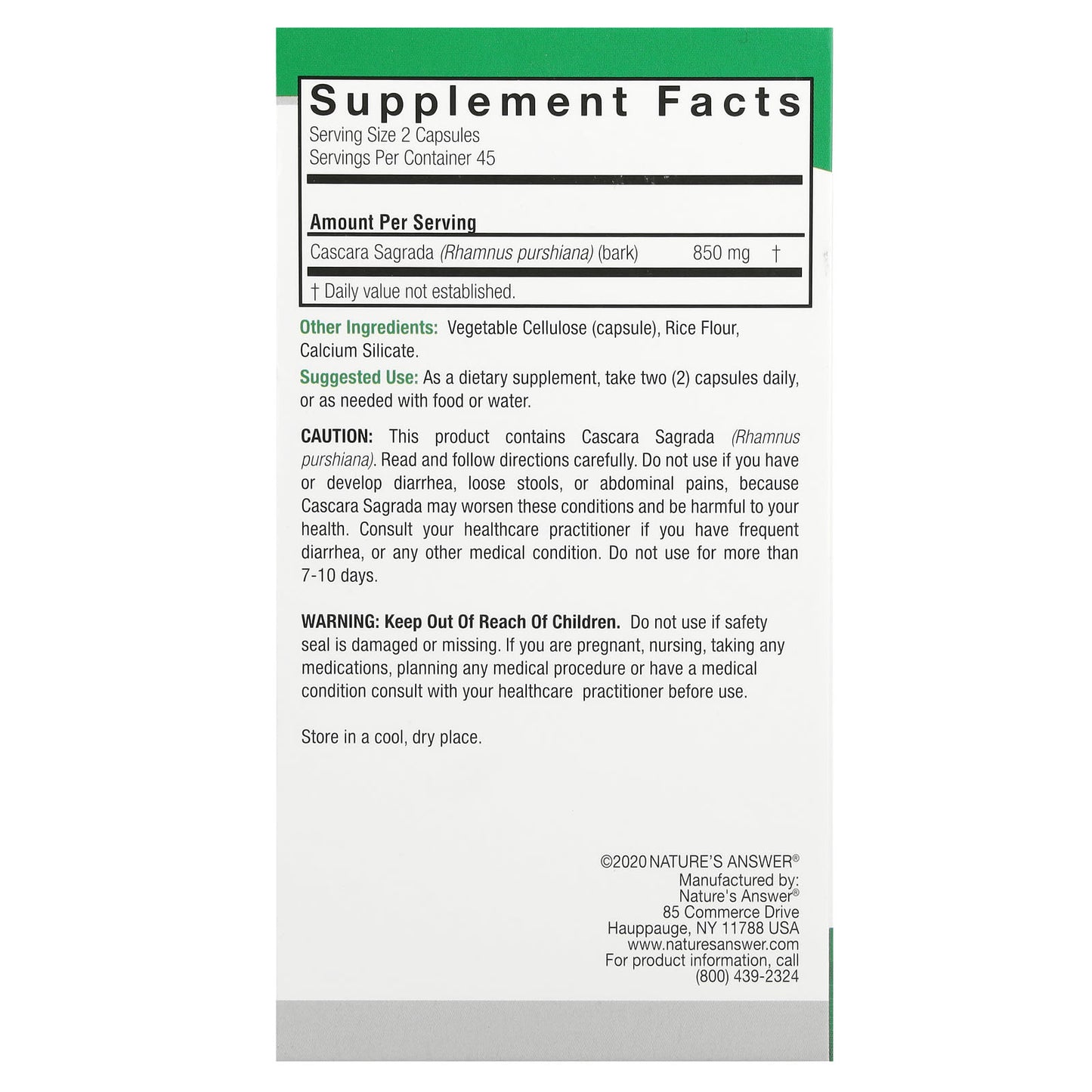 Nature's Answer, Cascara Sagrada, 90 Vegetarian Capsules (425 mg per Capsule) - Image 2