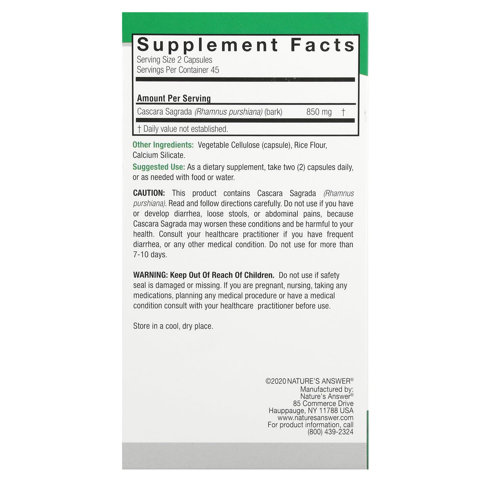 Nature's Answer, Cascara Sagrada, 90 Vegetarian Capsules (425 mg per Capsule) - Image 2