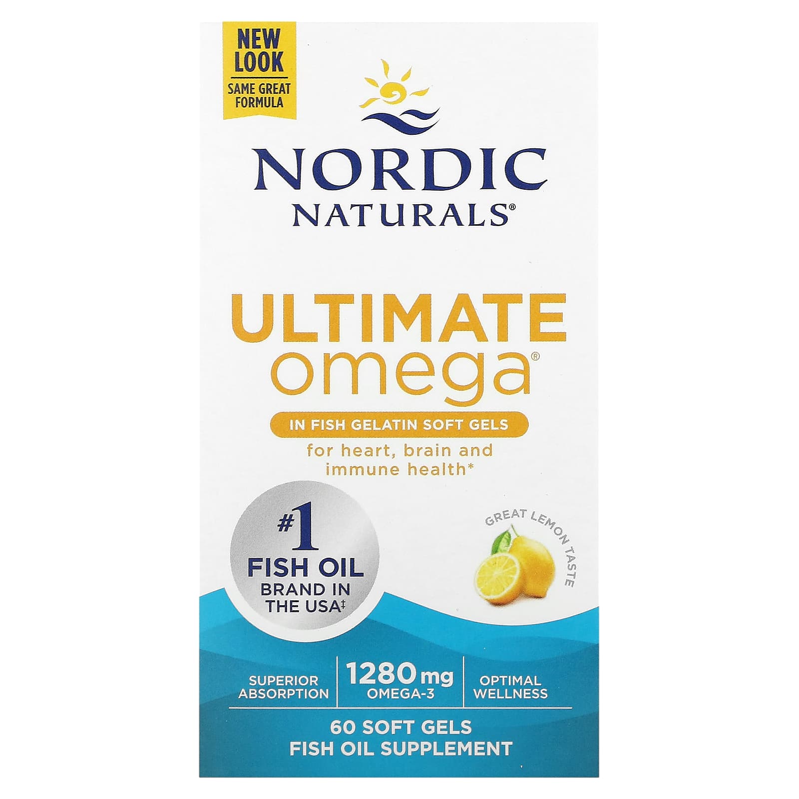 Nordic Naturals, Ultimate Omega, Lemon, 60 Fish Gelatin Soft Gels (640 mg per Soft Gel)