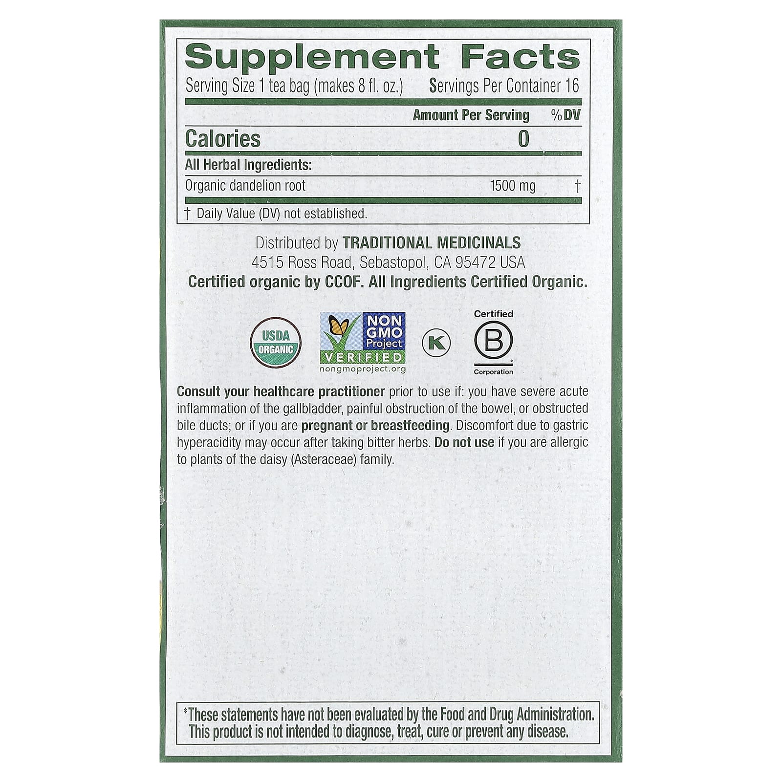 Traditional Medicinals, Organic Roasted Dandelion Root, Caffeine Free, 16 Wrapped Tea Bags, 0.85 oz (24 g) - Image 2
