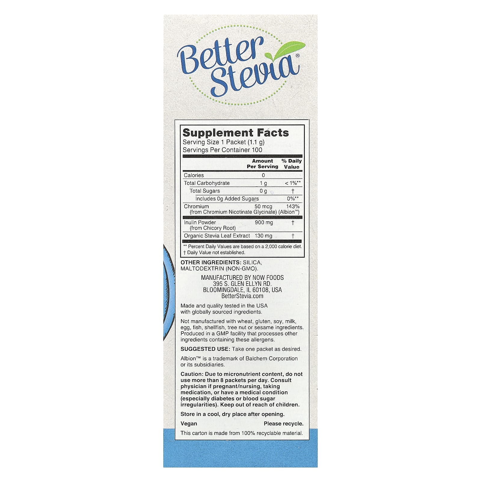 NOW Foods, Better Stevia®, Balance™ with Chromium & Inulin, 100 Packets, 0.039 oz (1.1 g) Each - Image 2