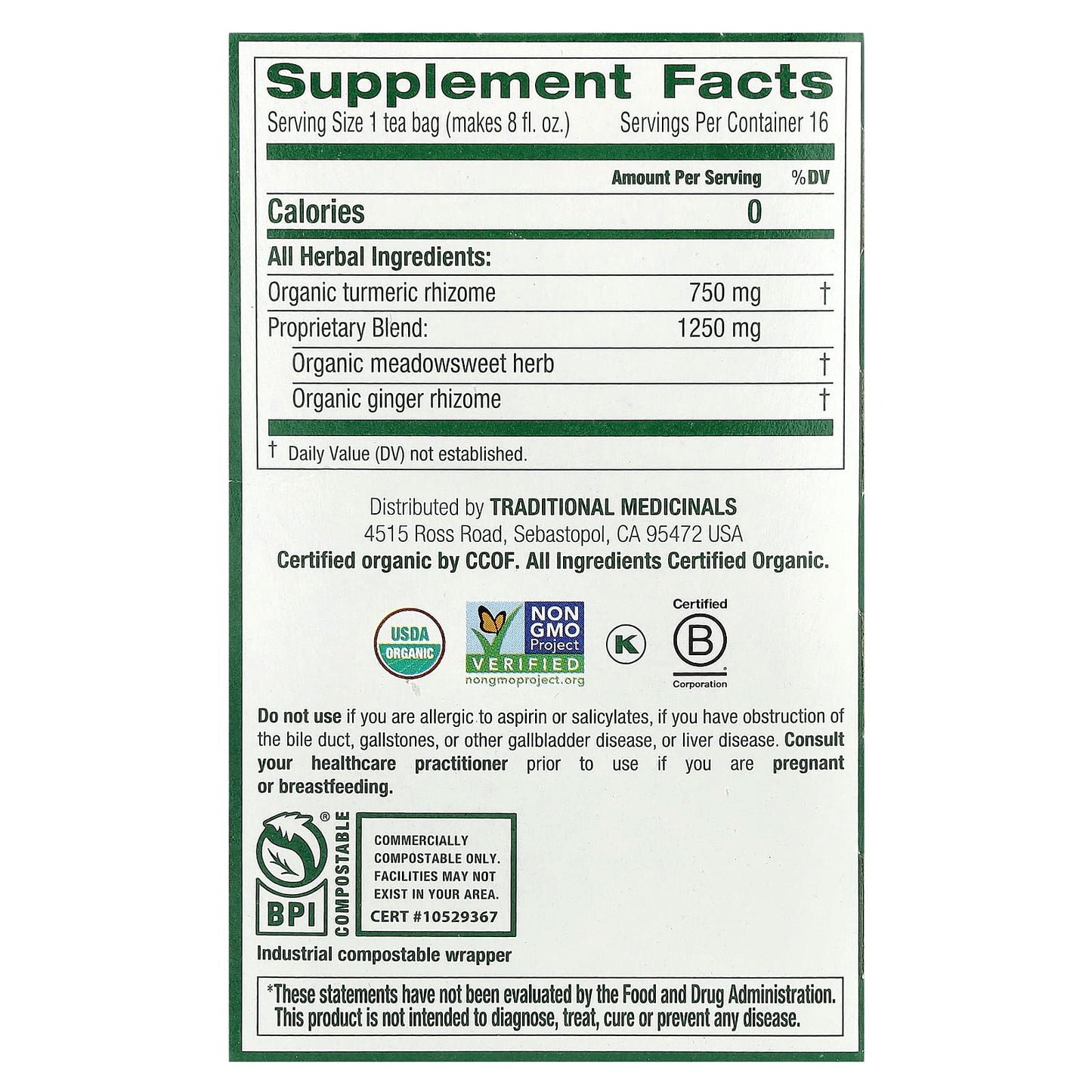 Traditional Medicinals, Organic Turmeric & Ginger with Meadowsweet, Caffeine Free, 16 Wrapped Tea Bags, 1.13 oz (32 g) - Image 2