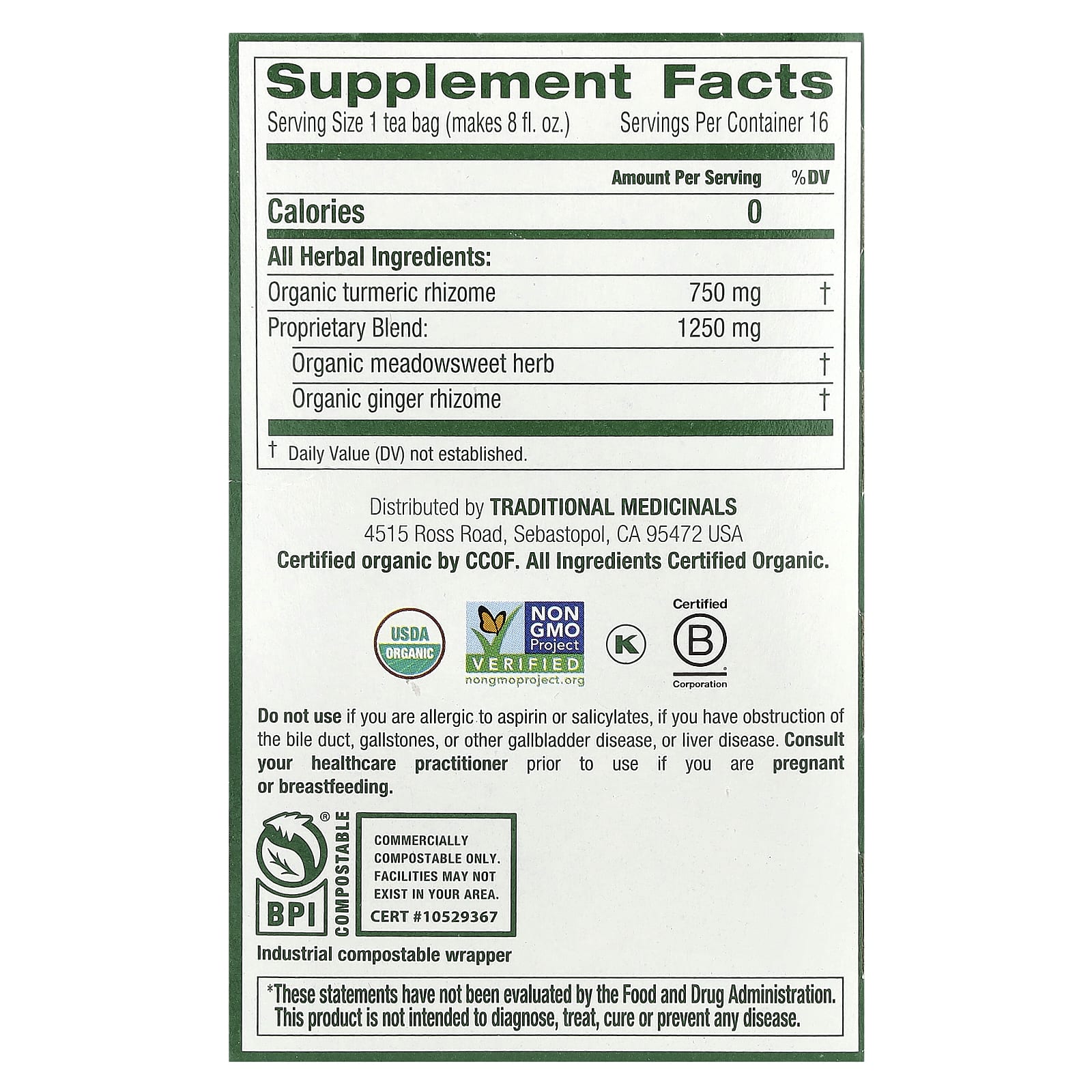 Traditional Medicinals, Organic Turmeric & Ginger with Meadowsweet, Caffeine Free, 16 Wrapped Tea Bags, 1.13 oz (32 g) - Image 2
