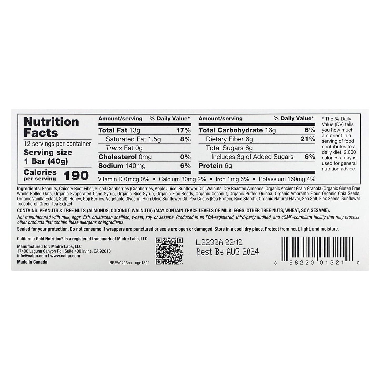Cranberry & Almond Chewy Granola Bars by California Gold Nutrition - 12 Bars - Image 2