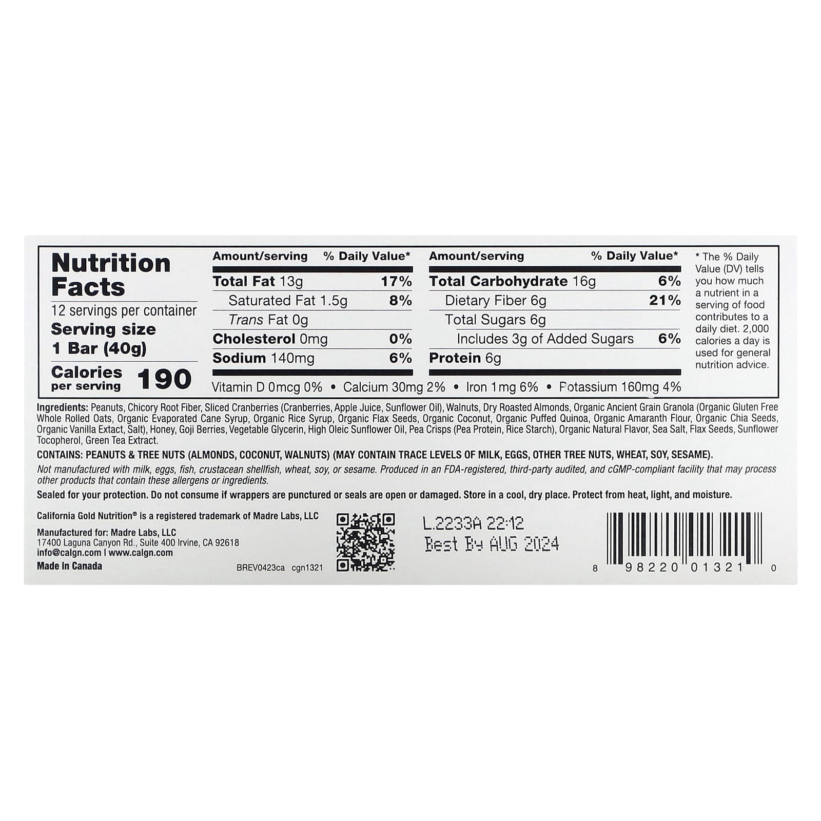 Cranberry & Almond Chewy Granola Bars by California Gold Nutrition - 12 Bars - Image 2