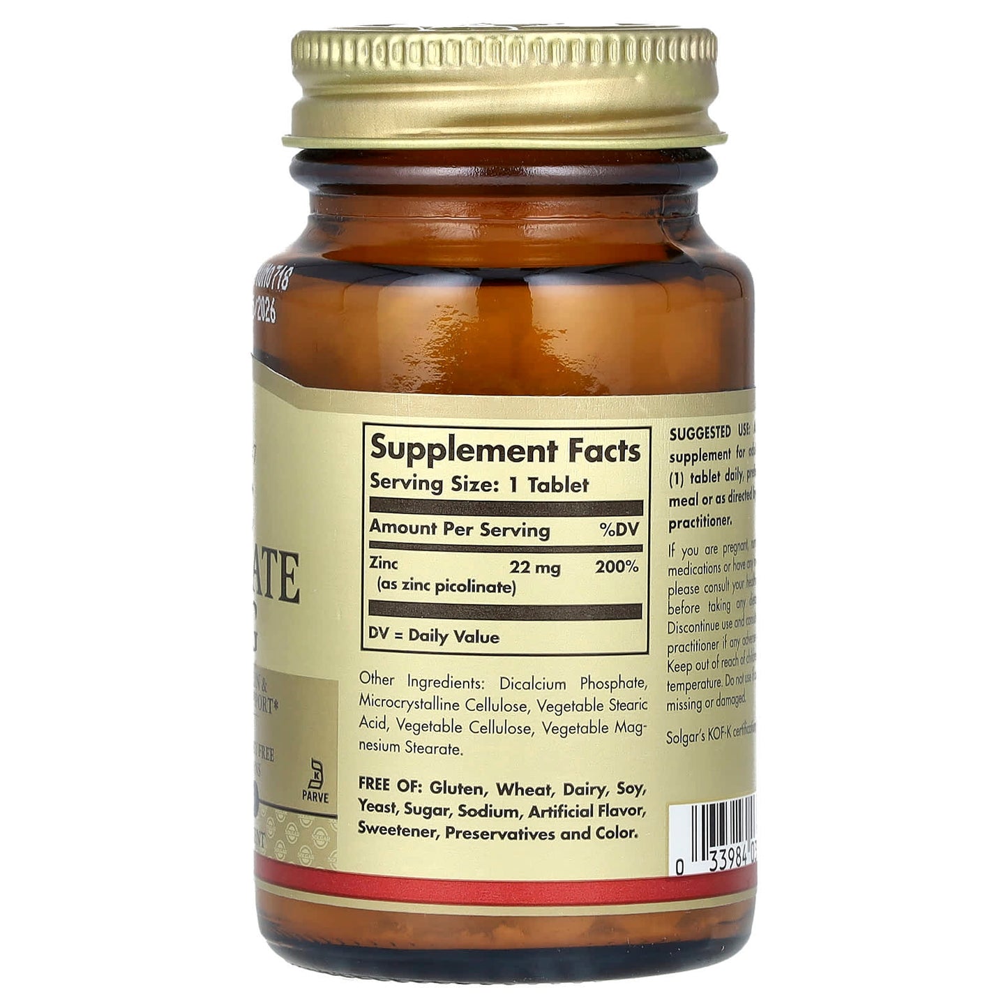 Solgar, Zinc Picolinate, 22 mg, 100 Tablets - Image 2