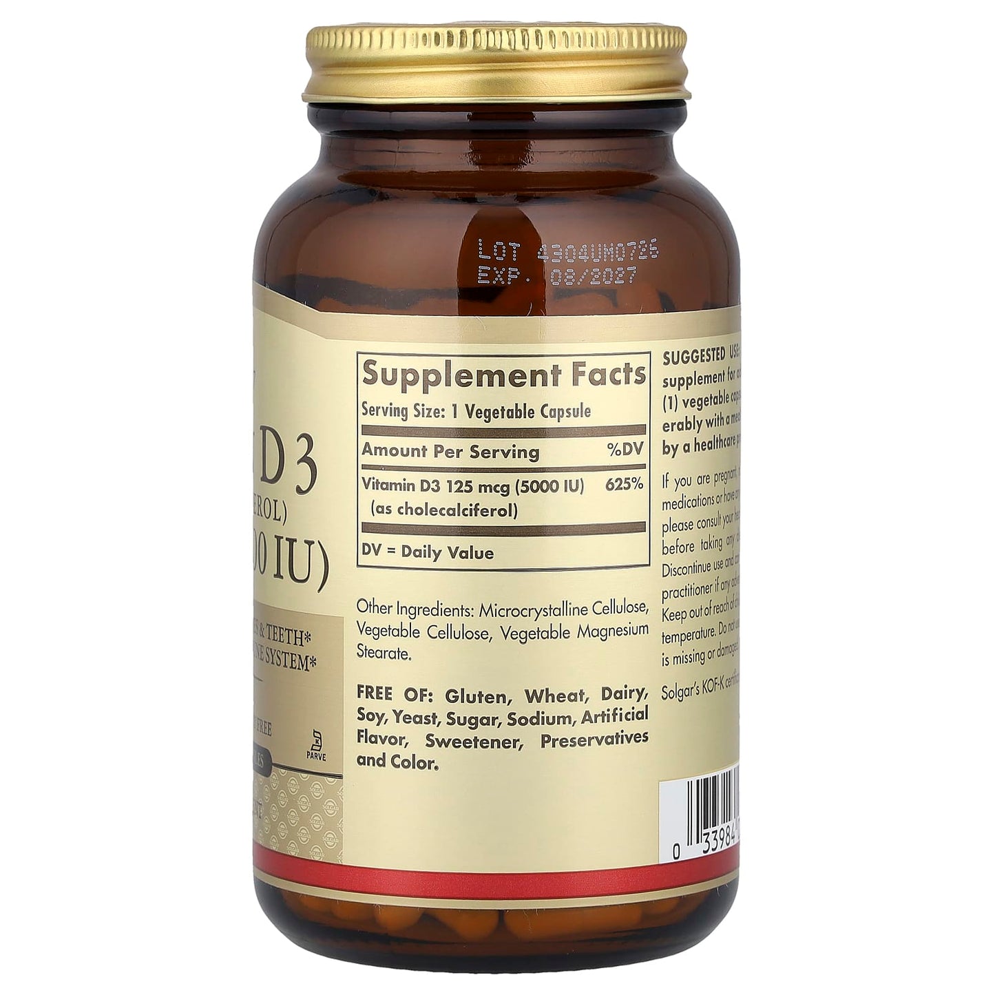 Solgar, Vitamin D3 (Cholecalciferol), 125 mcg (5,000 IU), 240 Vegetable Capsules - Image 2