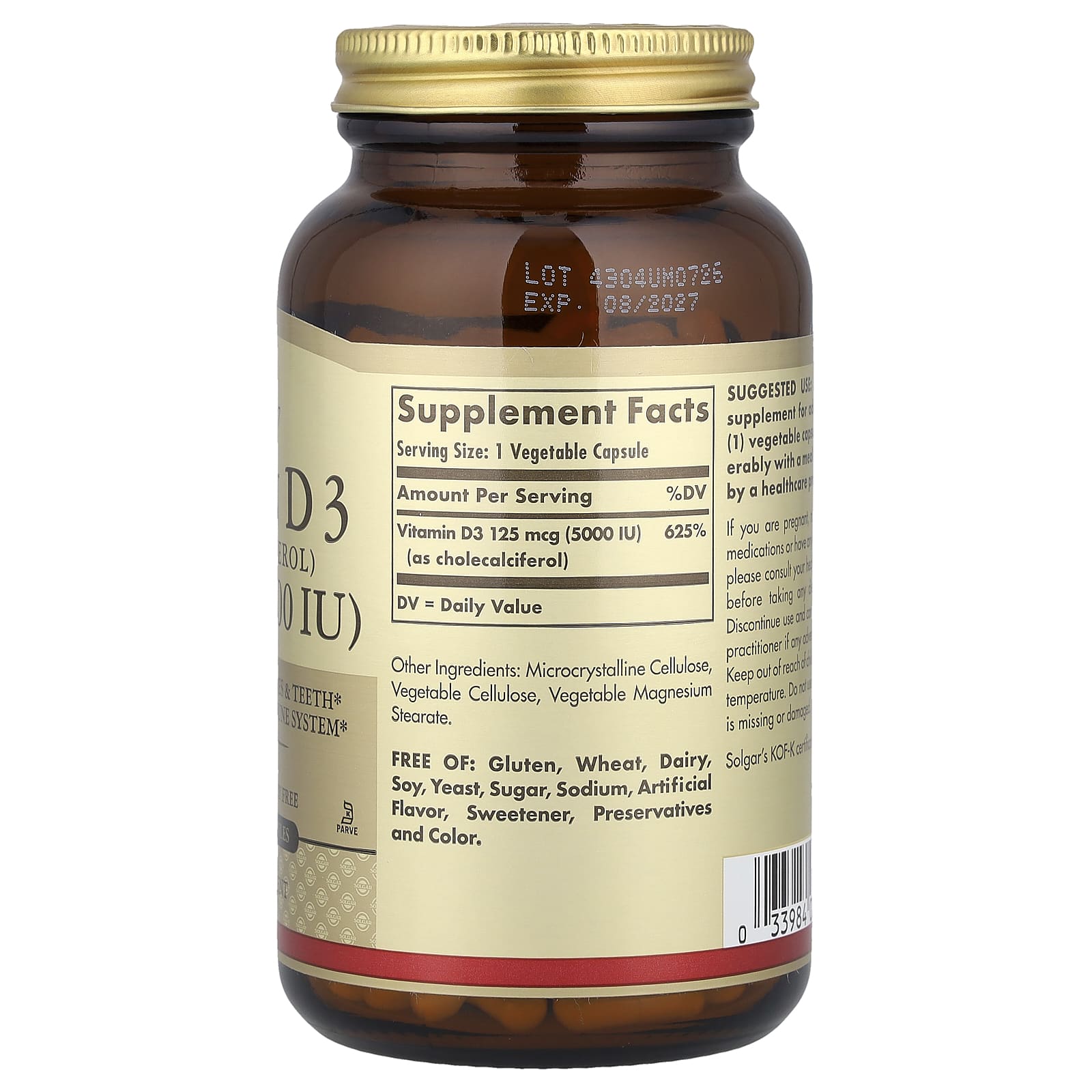 Solgar, Vitamin D3 (Cholecalciferol), 125 mcg (5,000 IU), 240 Vegetable Capsules - Image 2