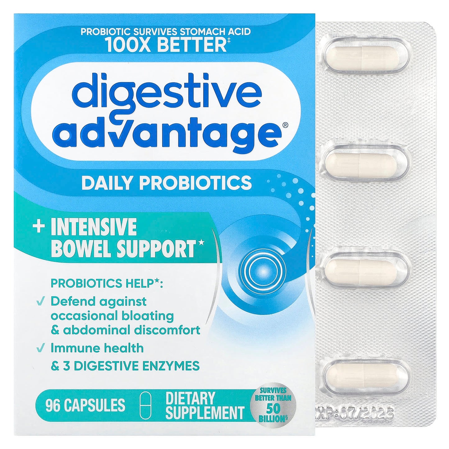 Schiff, Digestive Advantage®, Daily Probiotics + Intensive Bowel Support, 96 Capsules - Image 1