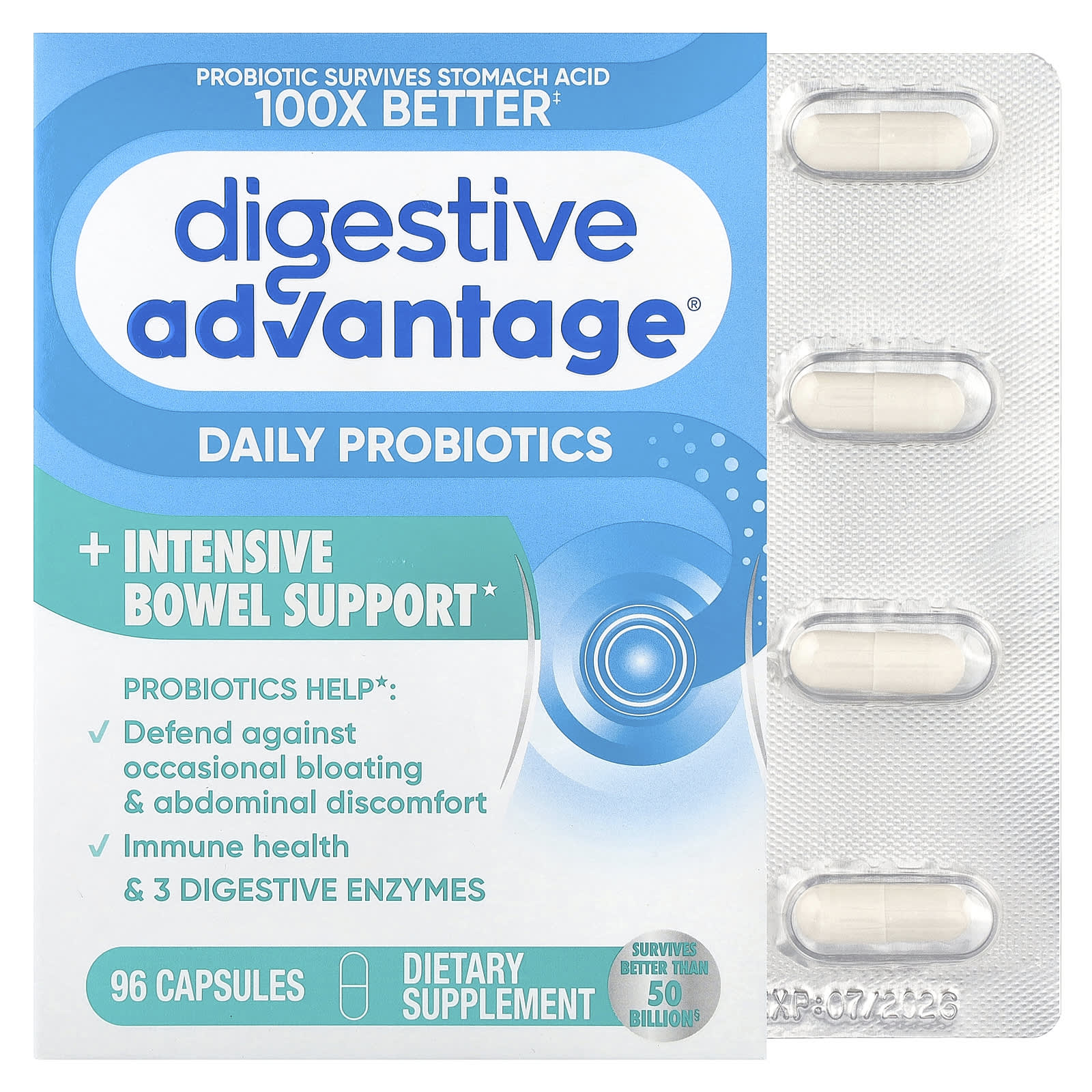 Schiff, Digestive Advantage®, Daily Probiotics + Intensive Bowel Support, 96 Capsules - Image 1