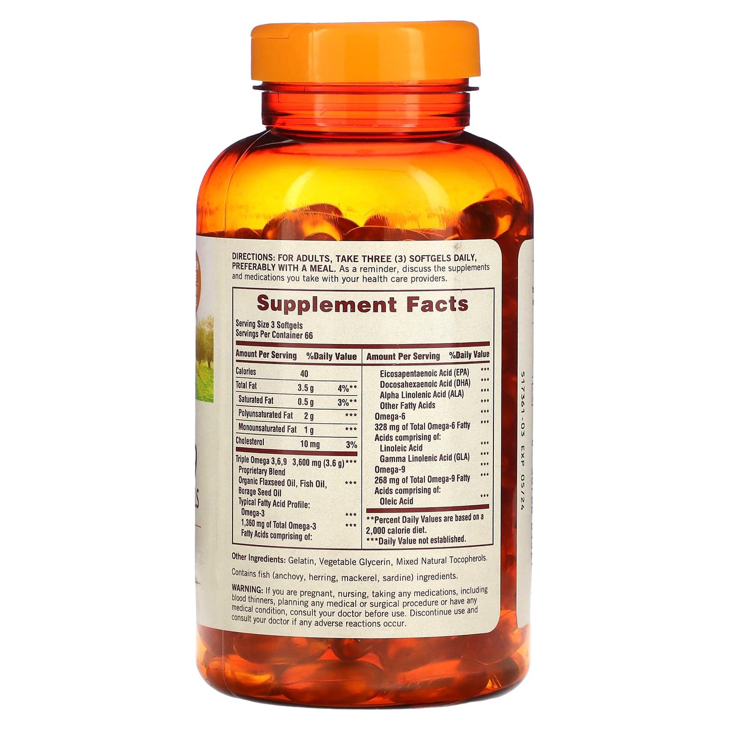 Sundown Naturals, Omega 3-6-9 Flax, Fish & Borage Oils, 200 Softgels - Image 2