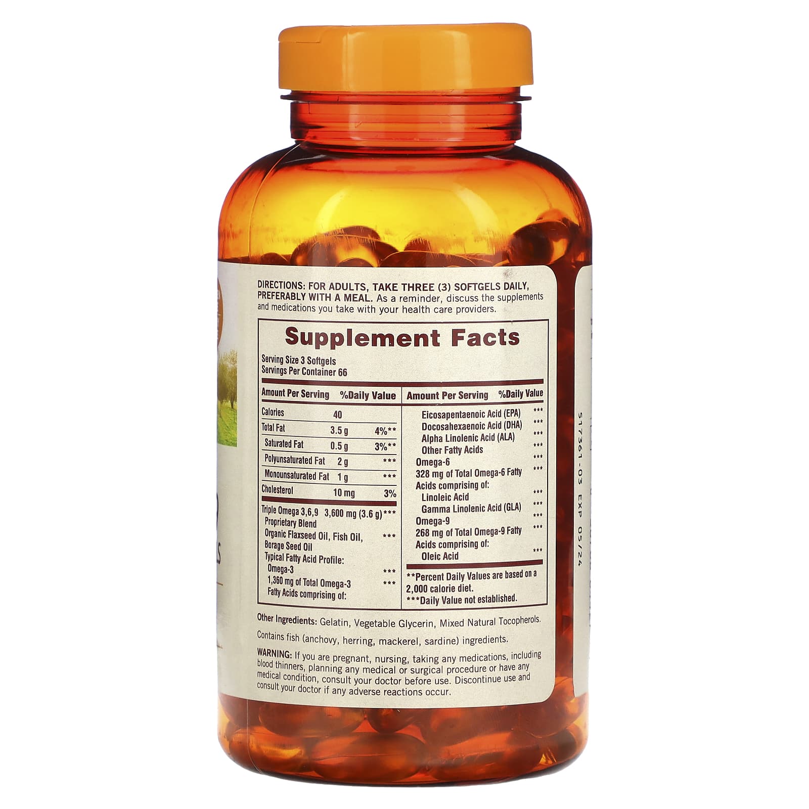Sundown Naturals, Omega 3-6-9 Flax, Fish & Borage Oils, 200 Softgels - Image 2