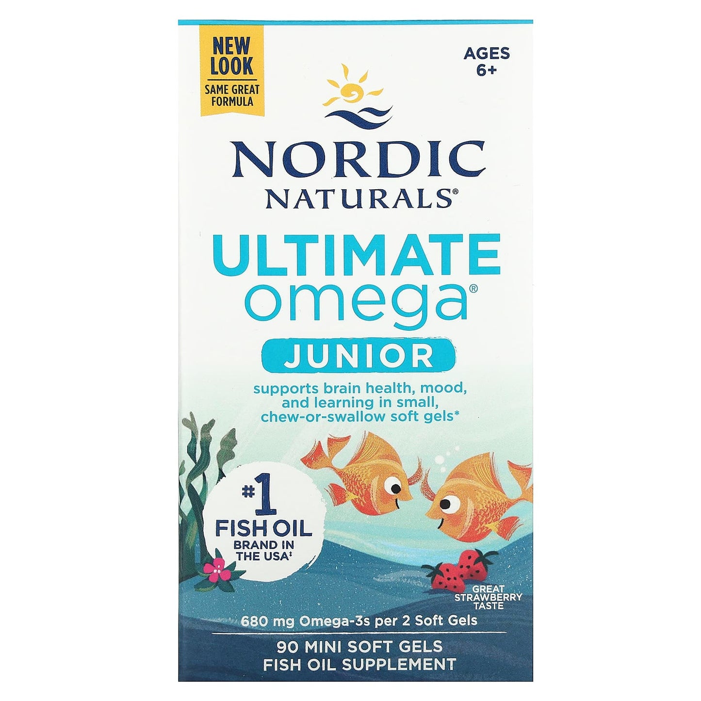 Nordic Naturals, Ultimate Omega Junior,  Ages 6+, Strawberry, 90 Mini Soft Gels (340 mg per Soft Gel) - Image 1