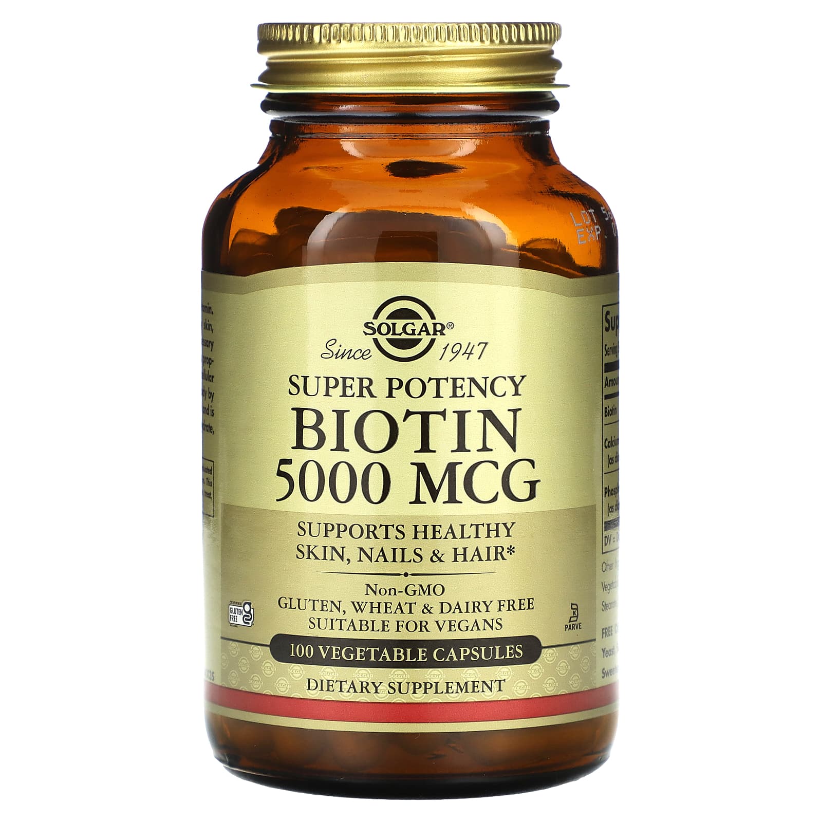 Solgar, Biotin, 5,000 mcg, 100 Vegetable Capsules - Image 1