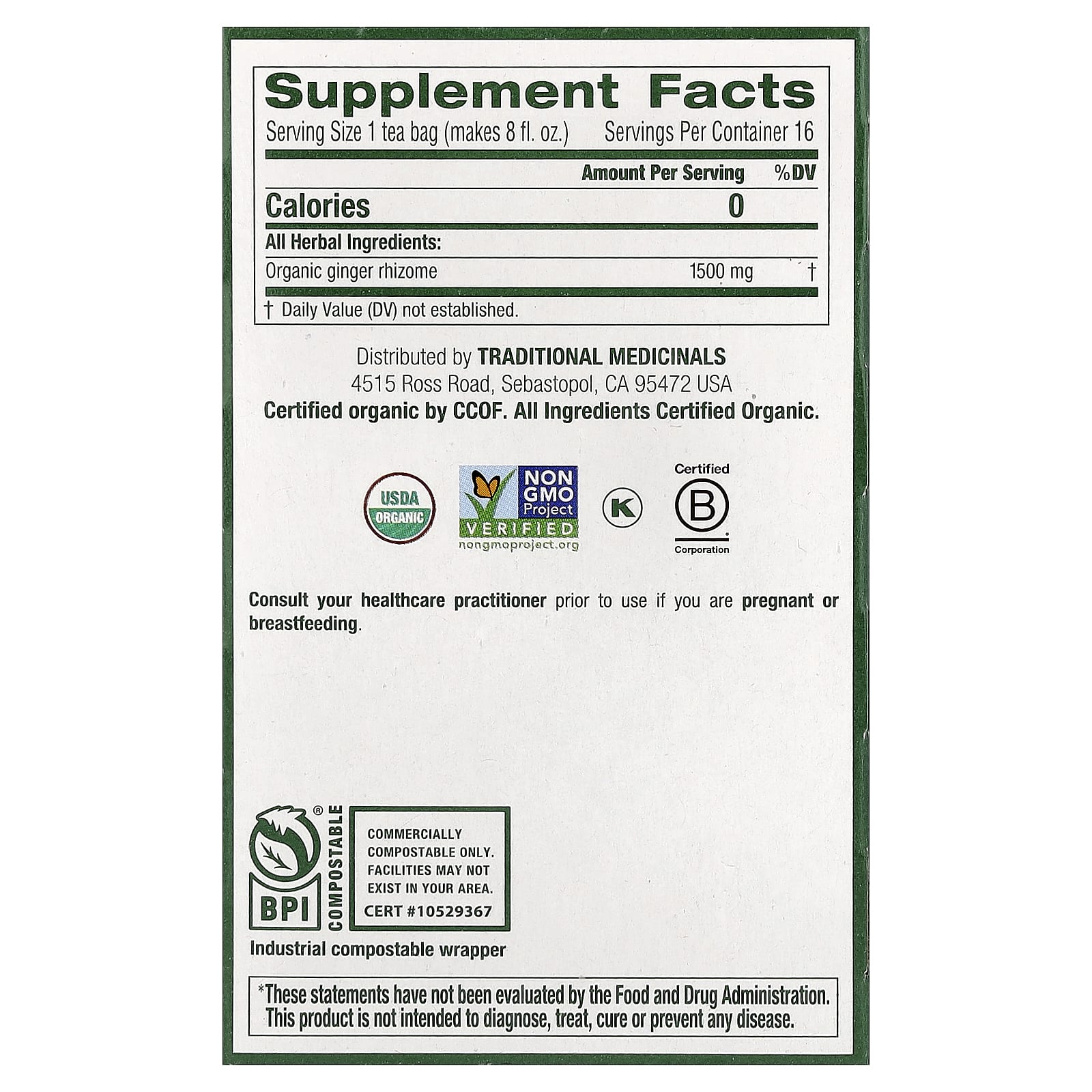 Traditional Medicinals, Organic Ginger, Caffeine Free, 16 Wrapped Tea Bags, 0.85 oz (24 g) - Image 2
