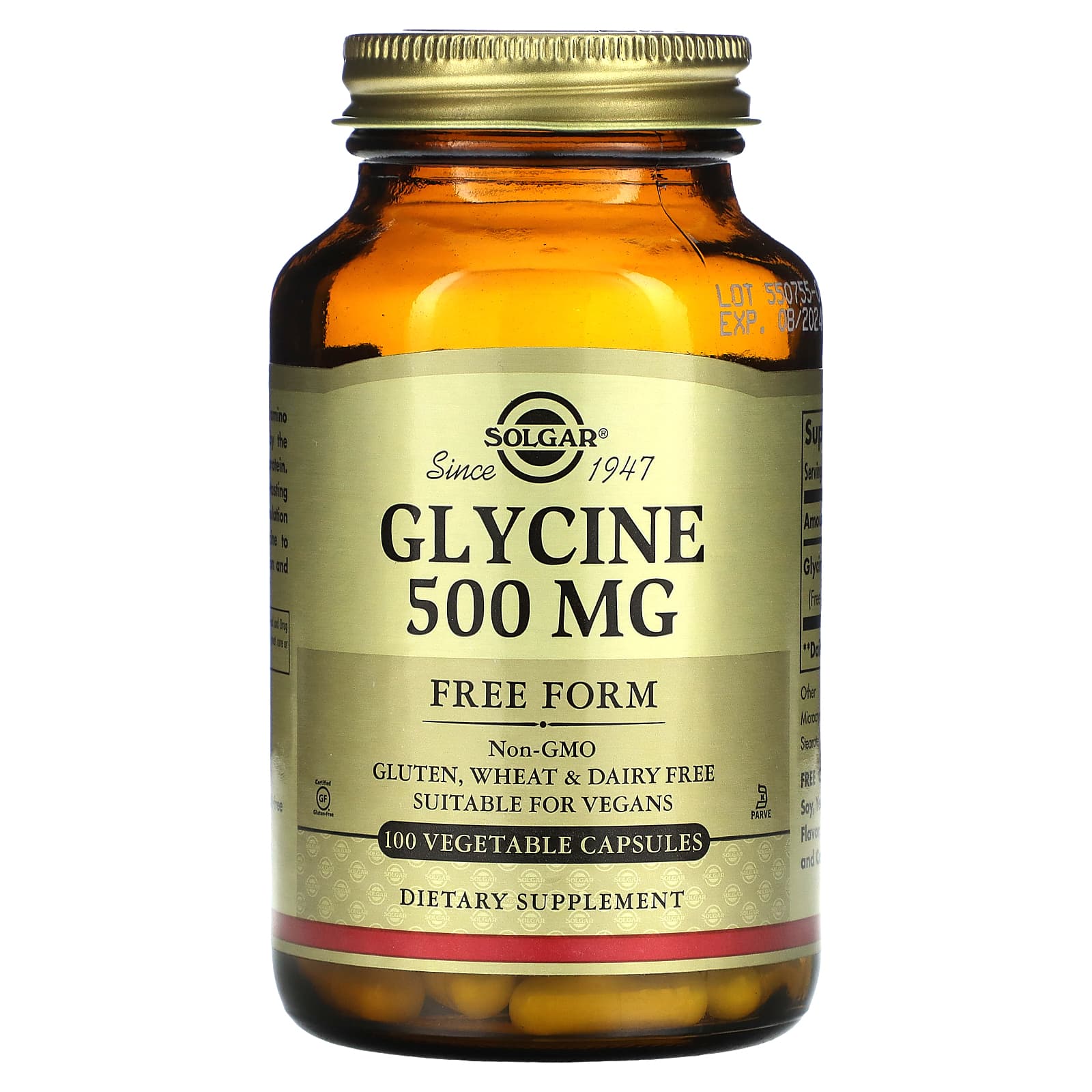 Solgar, Glycine, 500 mg, 100 Vegetable Capsules - Image 1