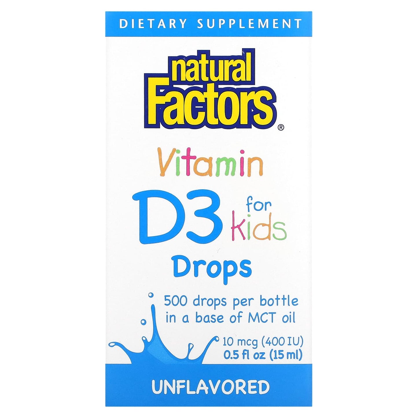 Natural Factors, Vitamin D3 Drops for Kids, Unflavored, 10 mcg (400 IU), 0.5 fl oz (15 ml) - Image 1