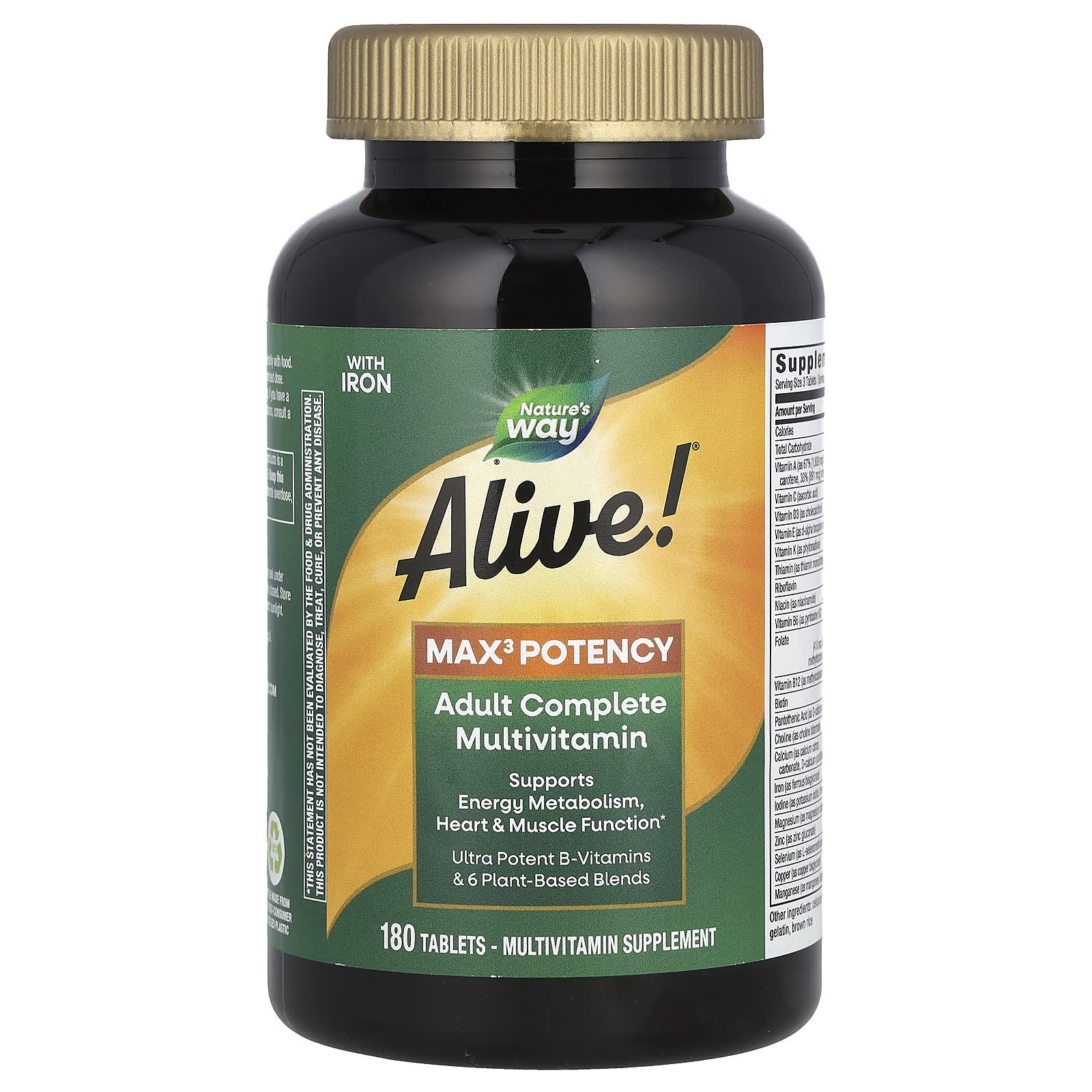 Nature's Way, Alive! Max3 Potency Adult Complete Multivitamin, With Iron, 180 Tablets - Image 1