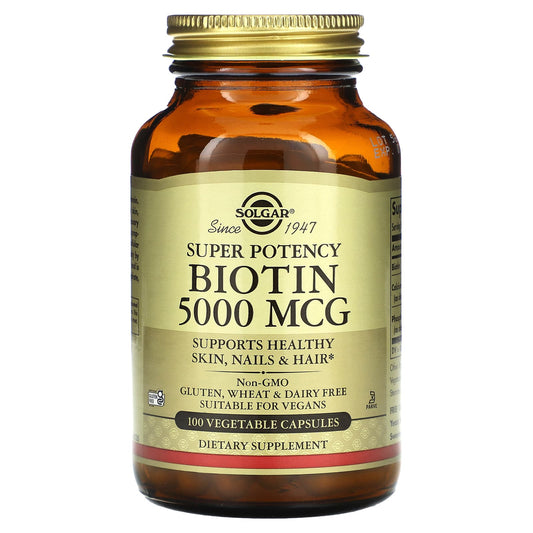 Solgar, Biotin, 5,000 mcg, 100 Vegetable Capsules - Image 1