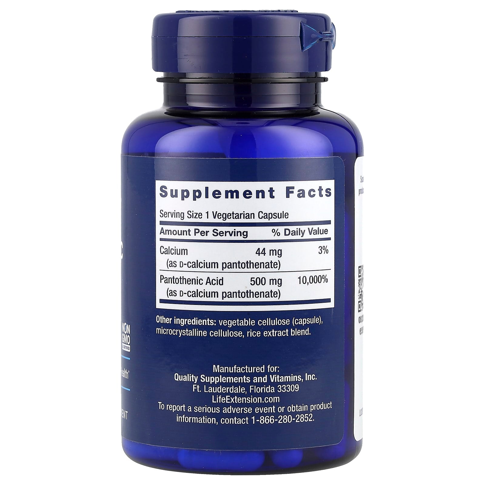 Life Extension, Pantothenic Acid, Vitamin B-5, 500 mg, 100 Vegetarian Capsules - Image 2