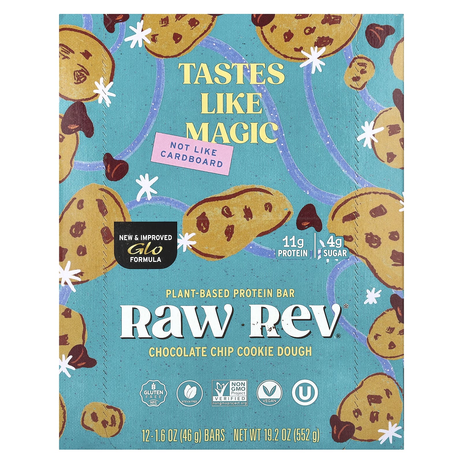 Raw Rev, Plant-Based Protein Bar, Chocolate Chip Cookie Dough, 12 Bars, 1.6 oz (46 g) Each - Image 1