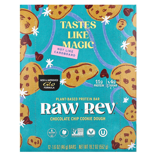 Raw Rev, Plant-Based Protein Bar, Chocolate Chip Cookie Dough, 12 Bars, 1.6 oz (46 g) Each - Image 1
