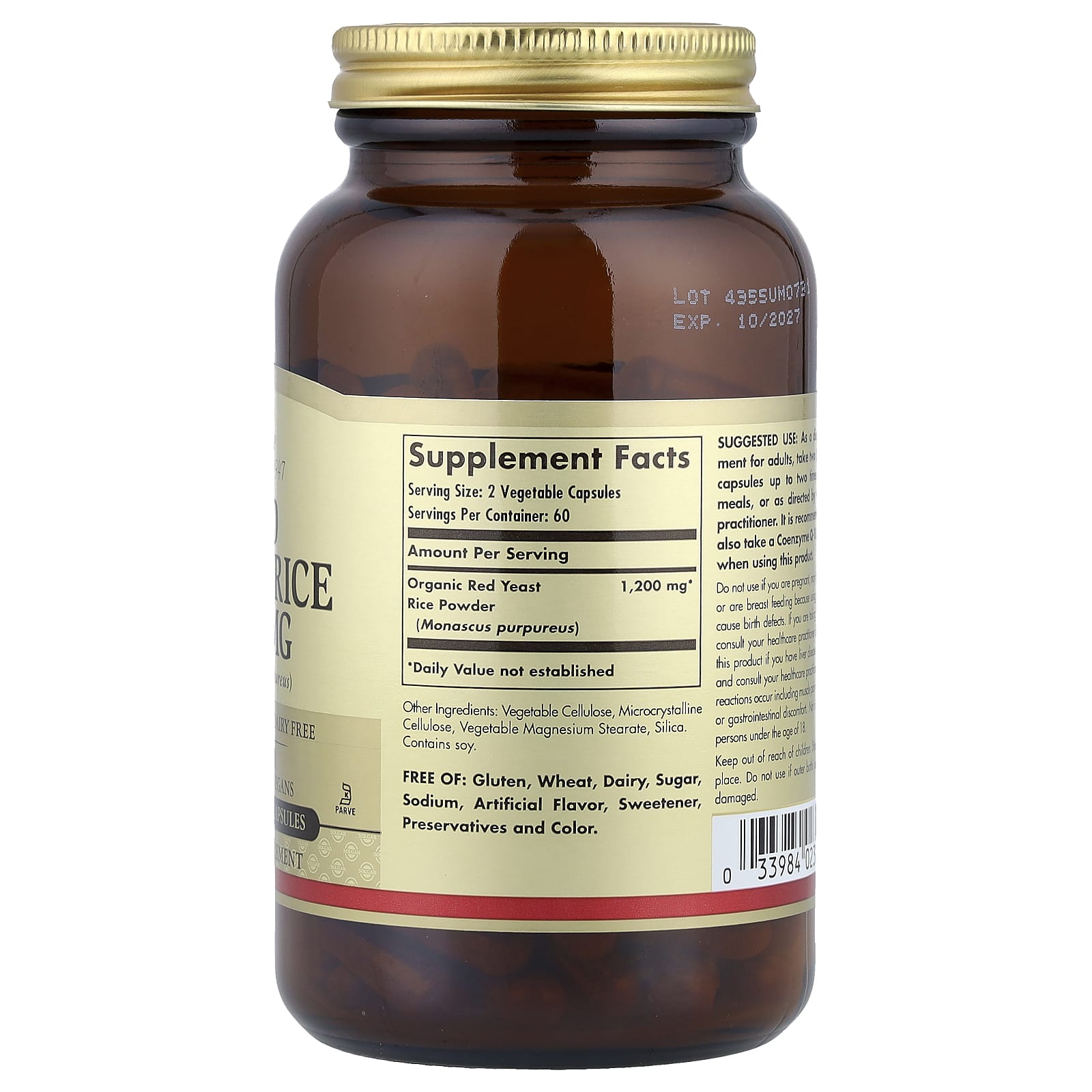 Solgar, Red Yeast Rice, 600 mg, 120 Vegetable Capsules - Image 2