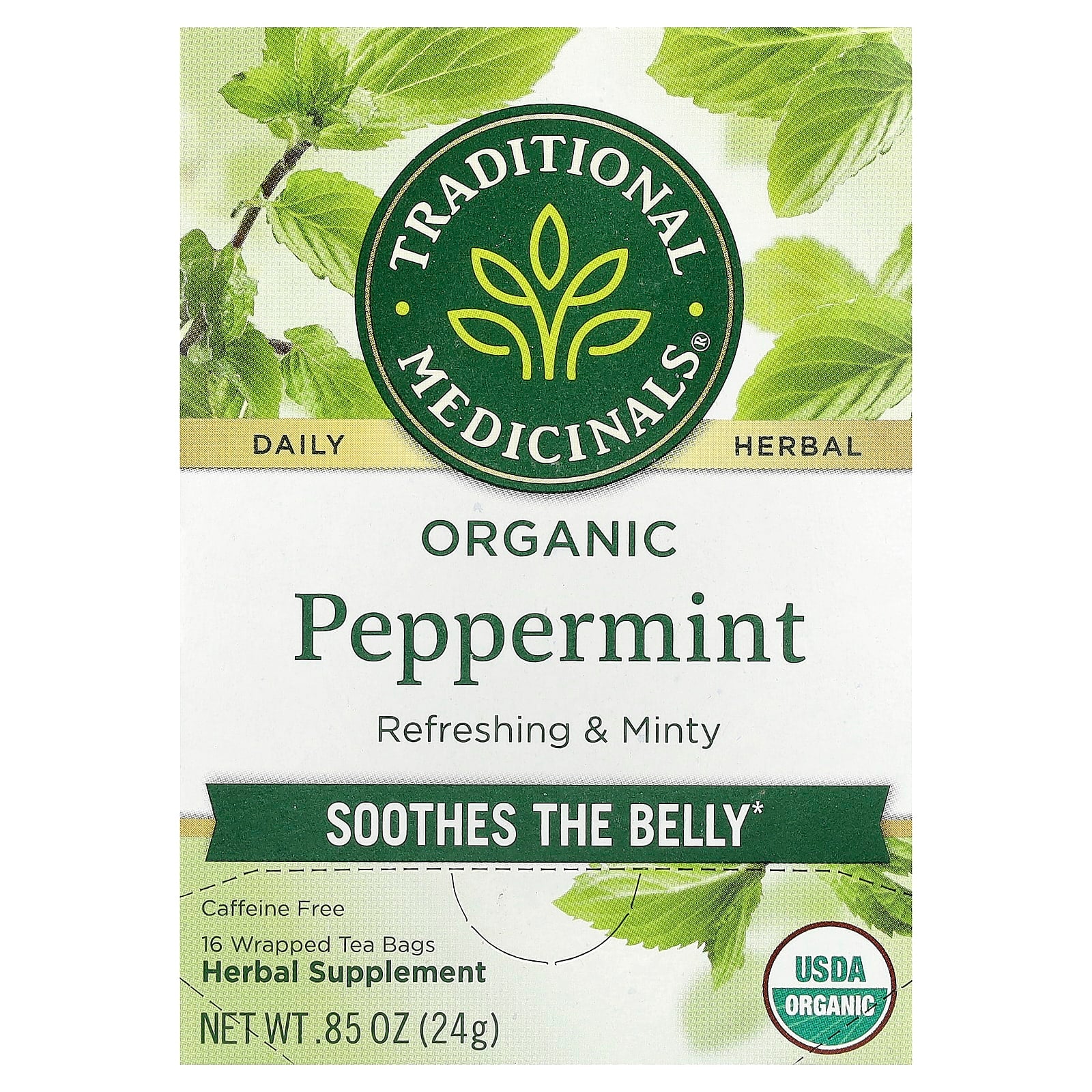 Traditional Medicinals, Organic Peppermint, Caffeine Free, 16 Wrapped Tea Bags, 0.85 oz (24 g) - Image 1