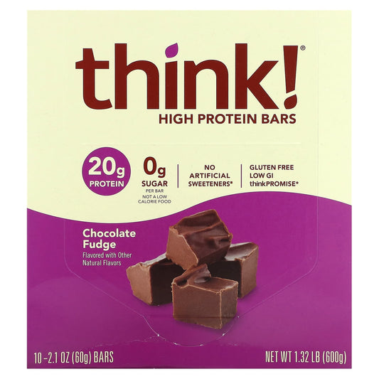 Think !, High Protein Bars, Chocolate Fudge, 10 Bars, 2.1 oz (60 g) Each - Image 1