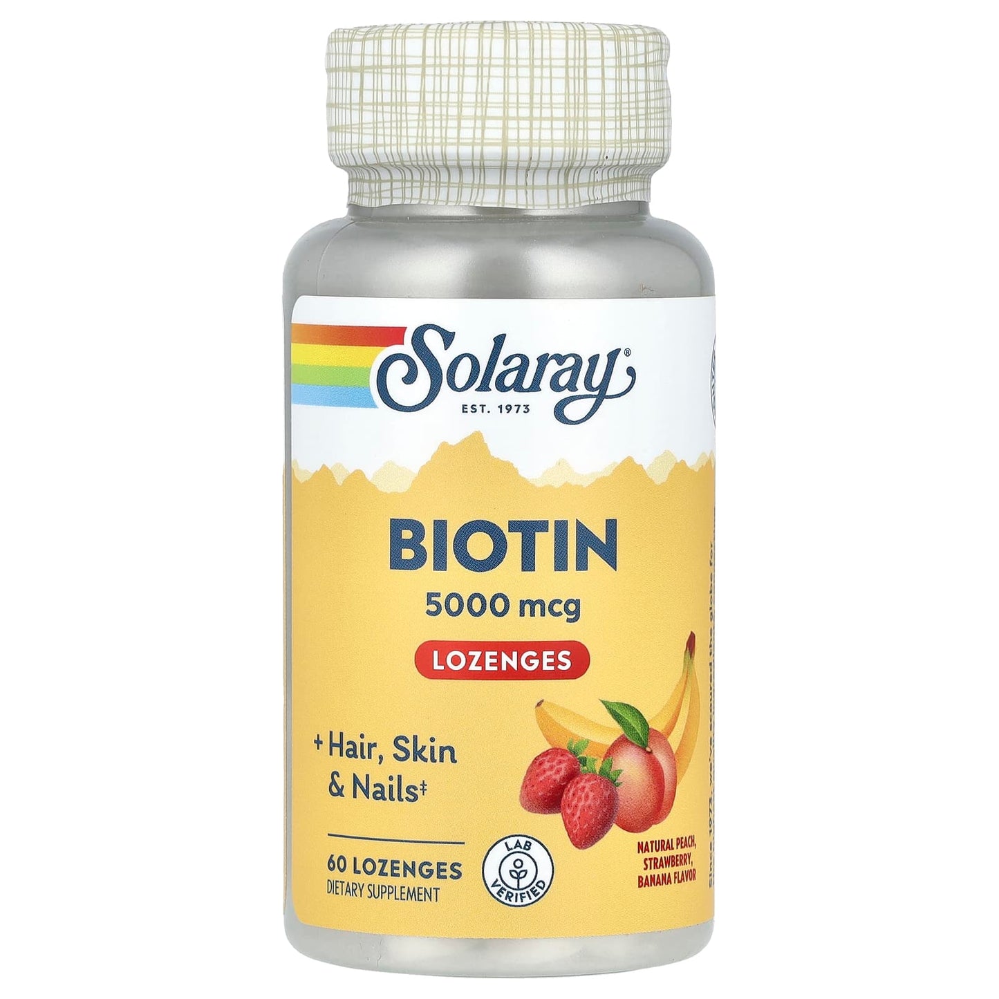 Solaray, Biotin, Natural Peach, Strawberry, Banana, 5,000 mcg, 60 Lozenges - Image 1