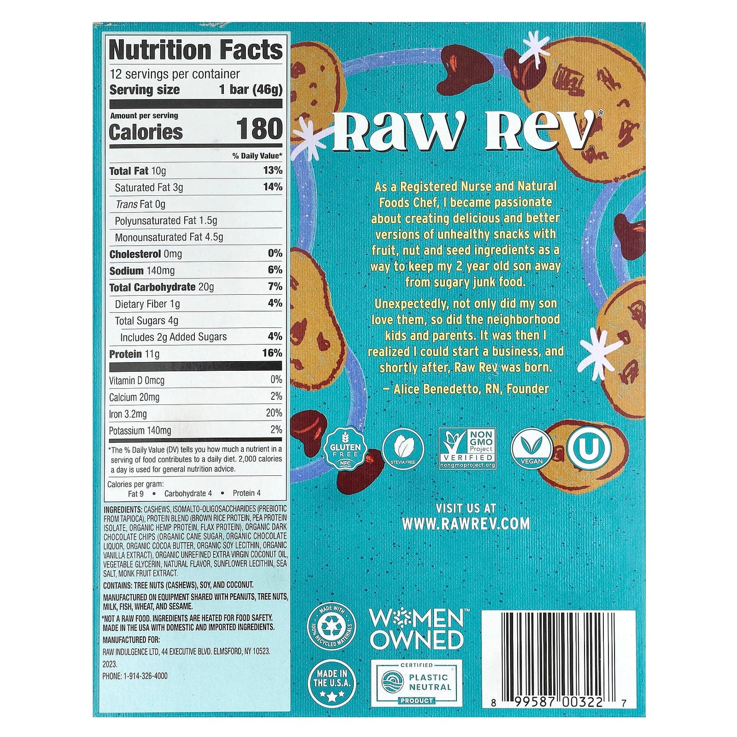 Raw Rev, Plant-Based Protein Bar, Chocolate Chip Cookie Dough, 12 Bars, 1.6 oz (46 g) Each - Image 2