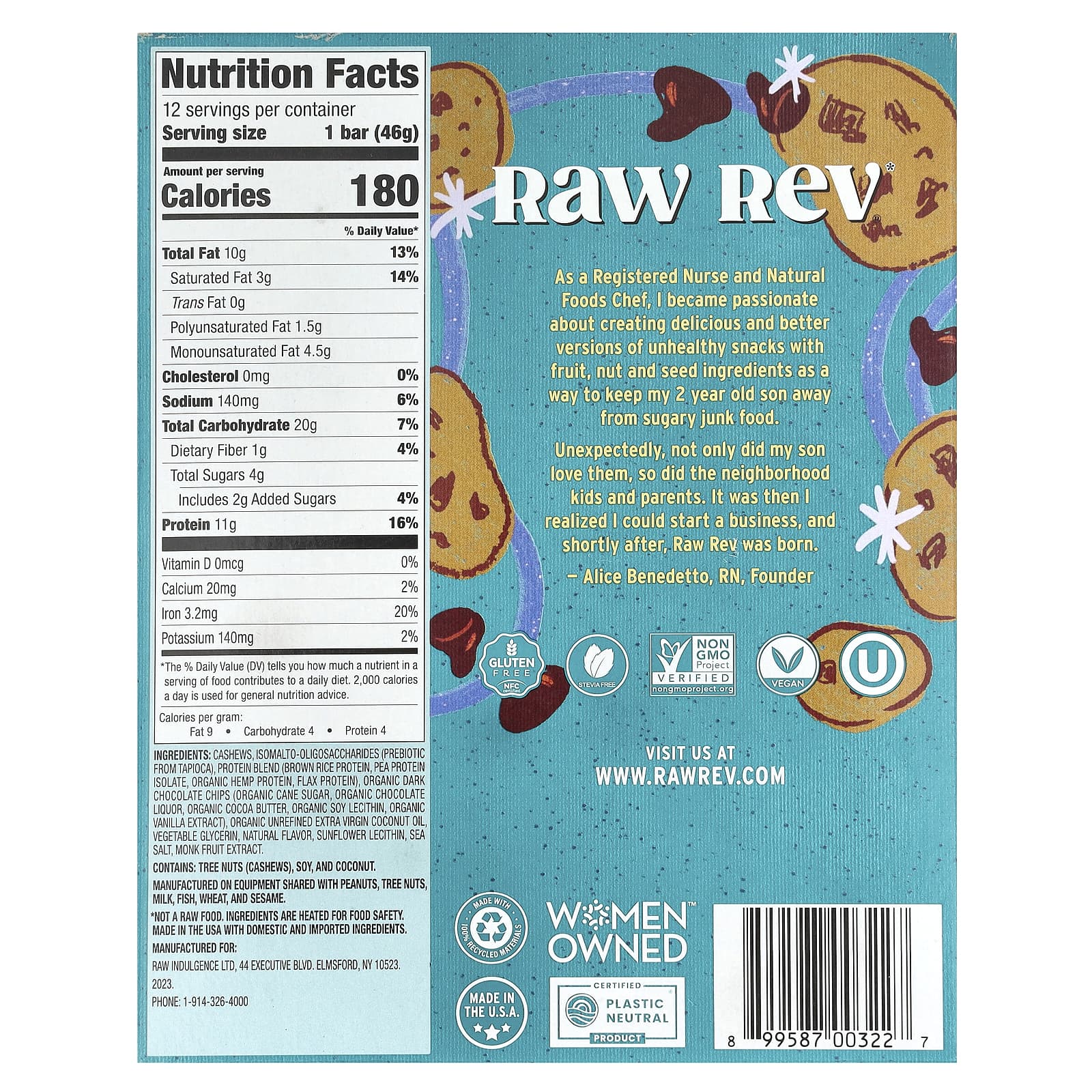 Raw Rev, Plant-Based Protein Bar, Chocolate Chip Cookie Dough, 12 Bars, 1.6 oz (46 g) Each - Image 2