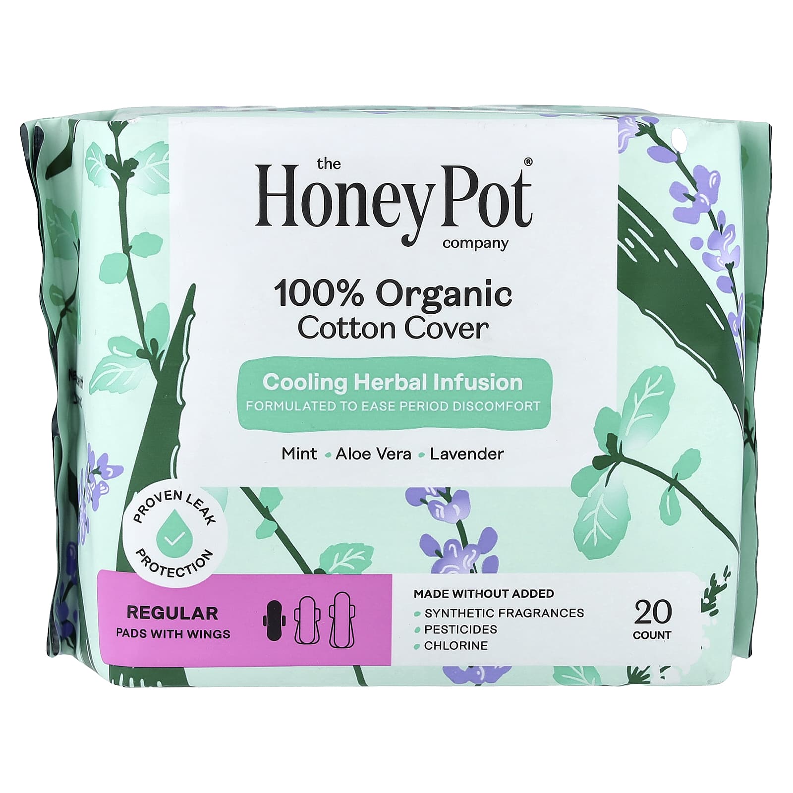 The Honey Pot Company, Cooling Herbal Infusion, Pads with Wings, Regular, 20 Count - Image 1