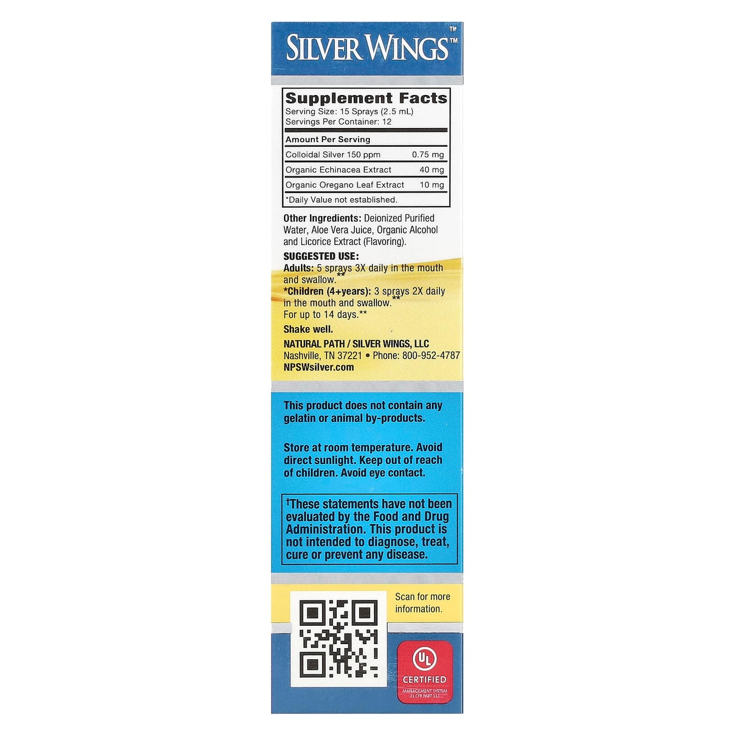 Natural Path Silver Wings, Colloidal Silver Herbal Tincture Spray, Echinacea & Oregano, 1 fl oz (30 ml)
