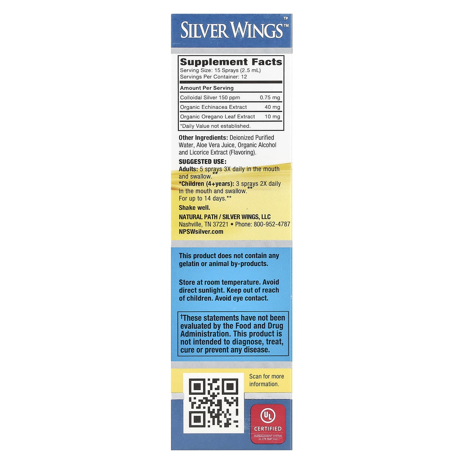 Natural Path Silver Wings, Colloidal Silver Herbal Tincture Spray, Echinacea & Oregano, 1 fl oz (30 ml)